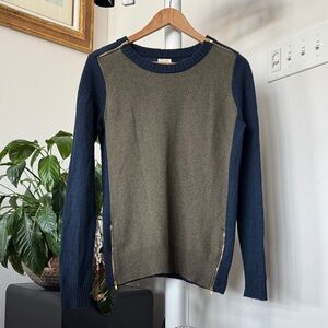 J Crew Knit Wool Blend Pullover Sweater Sz S Navy Blue Green zipper detail Crew